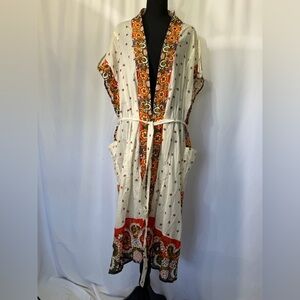 Free People Open Front Boho Cardigan Bohemian Cream Floral Border Kimono Dress